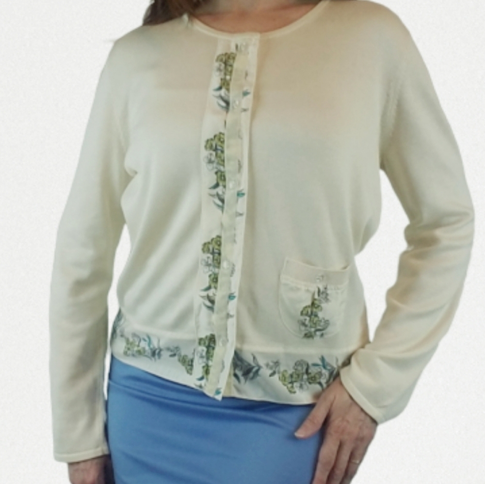 J. Jill Silk Floral Ivory Cardigan Sweater